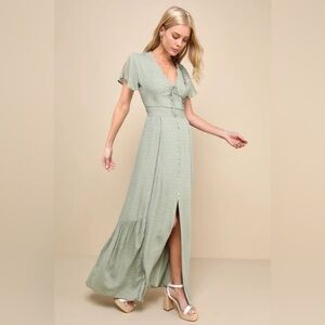Western Style Sage Green Swiss Dot Button-Front Maxi Dress